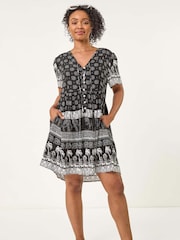 Roman Black Petite Elephant Print Smock Dress - Image 2 of 5