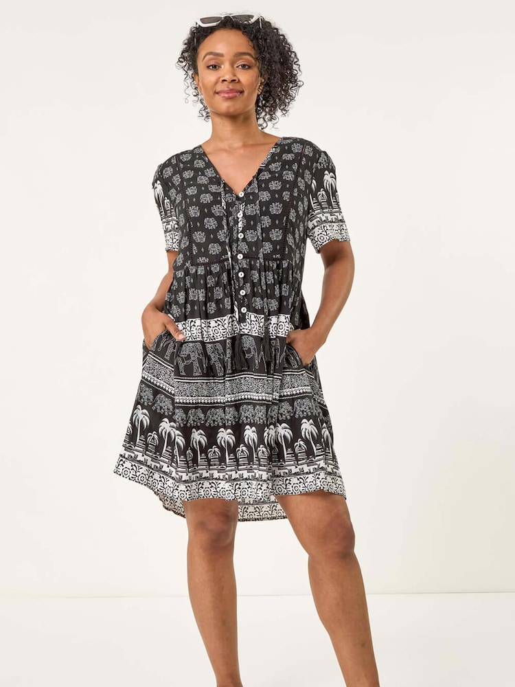 Roman Black Petite Elephant Print Smock Dress - Image 2 of 5