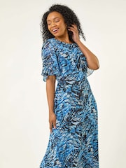 Roman Blue Petite Abstract Print Gathered Midi Dress - Image 1 of 5