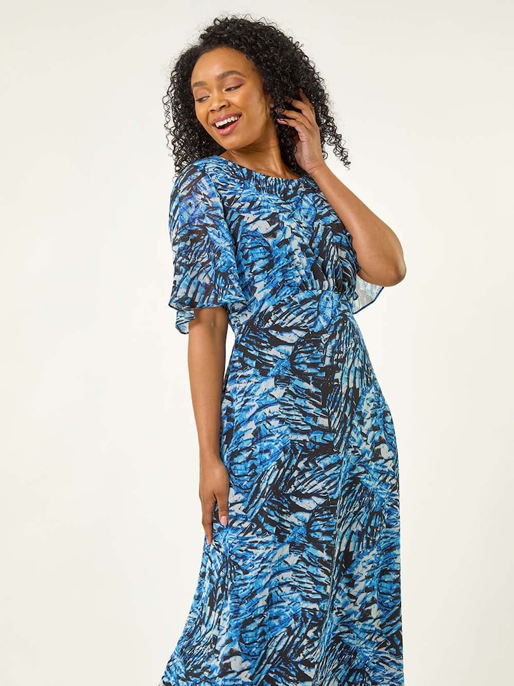 Roman Blue Petite Abstract Print Gathered Midi Dress - Image 1 of 5
