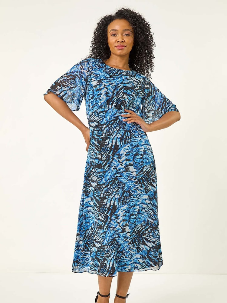Roman Blue Petite Abstract Print Gathered Midi Dress - Image 2 of 5