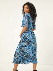 Roman Blue Petite Abstract Print Gathered Midi Dress - Image 3 of 5
