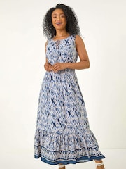 Roman Blue Petite Print Frill Midi Dress - Image 1 of 5
