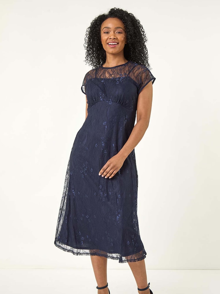 Roman Blue Petite Lace Stretch Midi Dress - Image 2 of 5