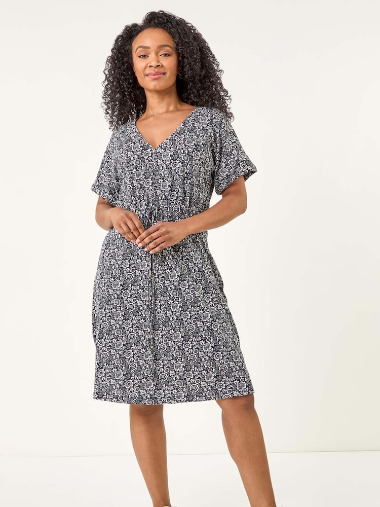 Roman Blue Petite Floral Print Tie Waist Dress - Image 2 of 5