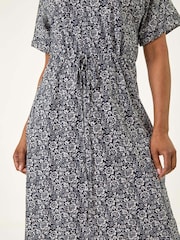 Roman Blue Petite Floral Print Tie Waist Dress - Image 5 of 5