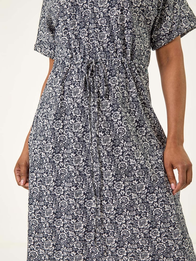 Roman Blue Petite Floral Print Tie Waist Dress - Image 5 of 5
