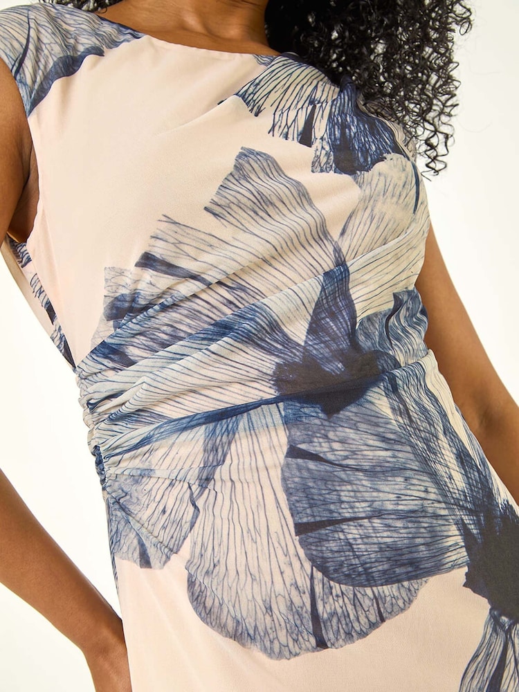 Roman Blue Petite Print Ruched Side Mesh Midi Dress - Image 5 of 5