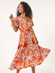Roman Petite Leaf Print Shirred Midi Dress - Imagen 1 de 5