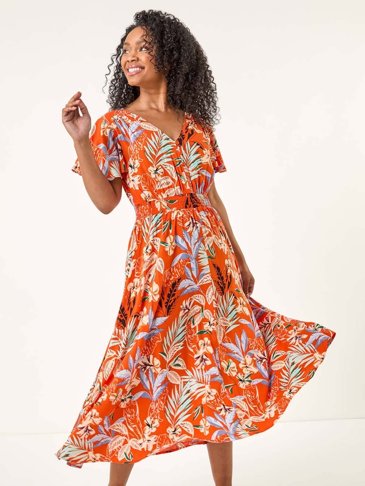 Roman Petite Leaf Print Shirred Midi Dress - Imagen 1 de 5