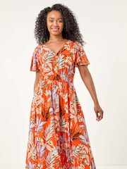 Roman Petite Leaf Print Shirred Midi Dress - Imagen 2 de 5