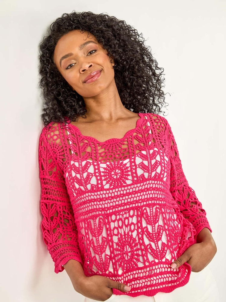 Roman Pink Petite Petite Crotchet 100% Cotton Tunic Top - Image 1 of 5