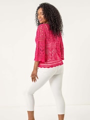 Roman Pink Petite Petite Crotchet 100% Cotton Tunic Top - Image 3 of 5