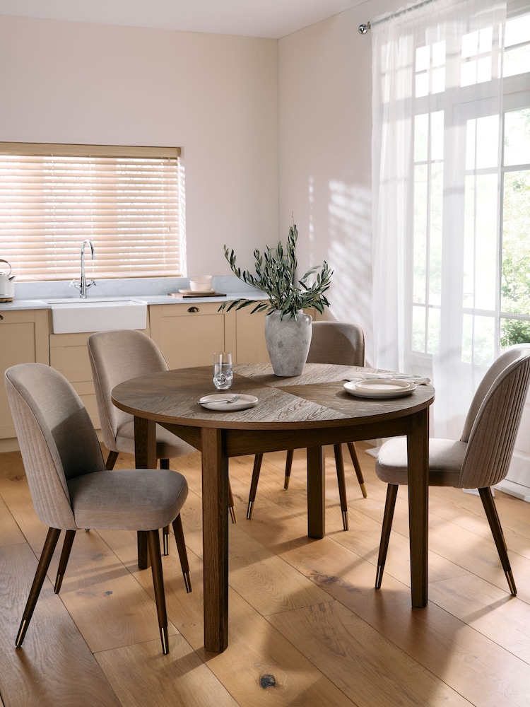 Dark Natural Hayford Oak Effect Chevron 4 to 6 Seater Extending Round Dining Table - Image 1 of 10