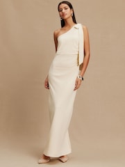 Champagne Bow One Shoulder Maxi Bridesmaid Dress - Image 1 of 4