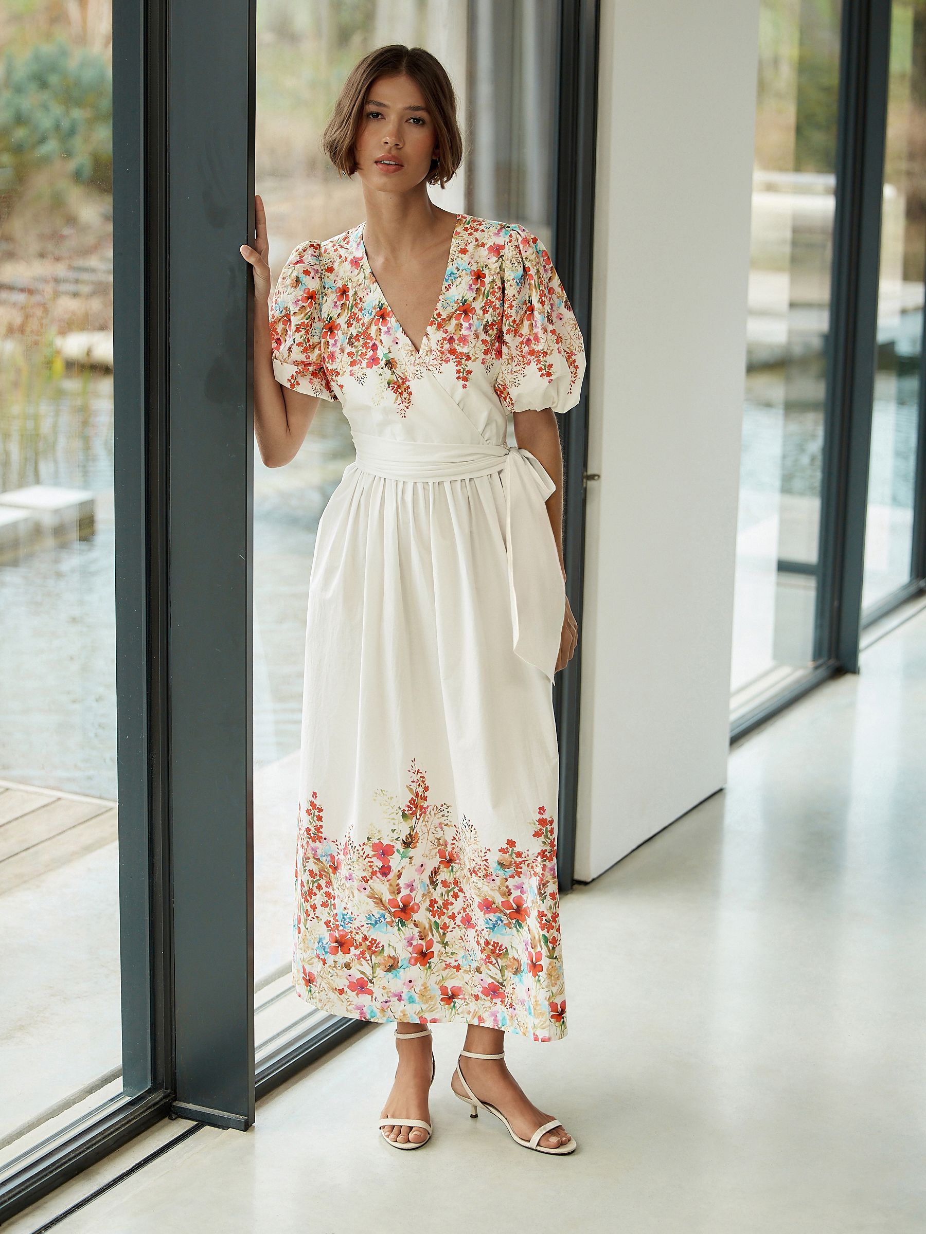 Buy White Floral Print Short Puff Sleeve Midi Tie Waist Occasion
