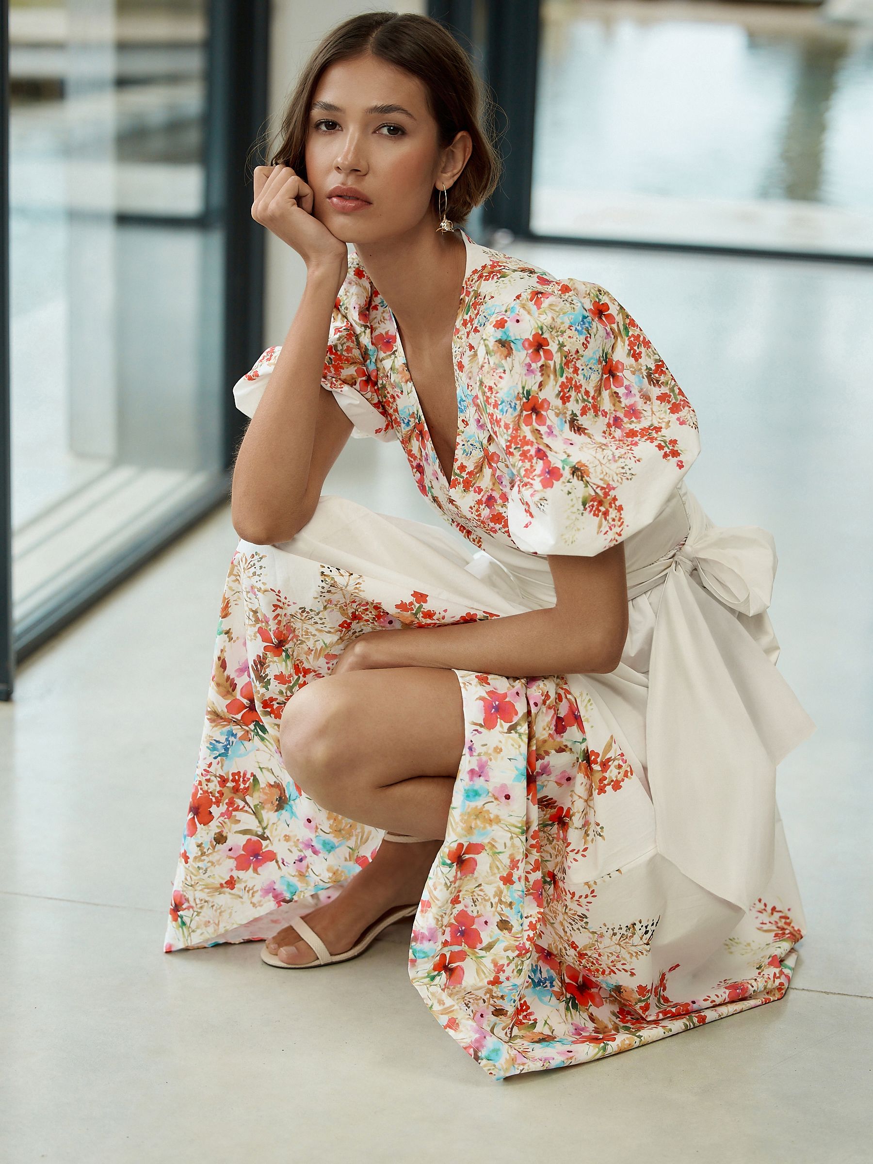 トップス tie.me flower waffle balloon zip dress Buy White Floral Print Short Puff Sleeve Midi Tie Waist Occasion