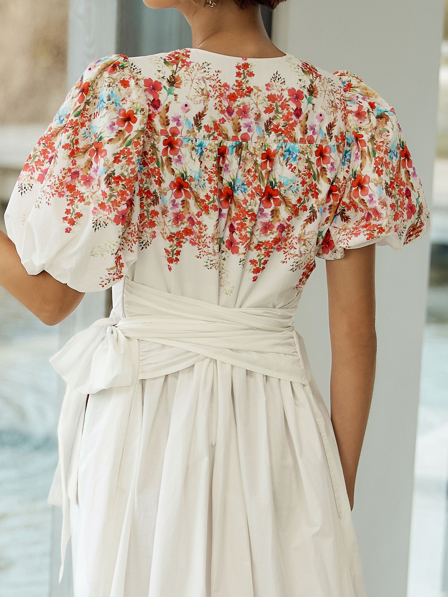 Buy White Floral Print Short Puff Sleeve Midi Tie Waist Occasion