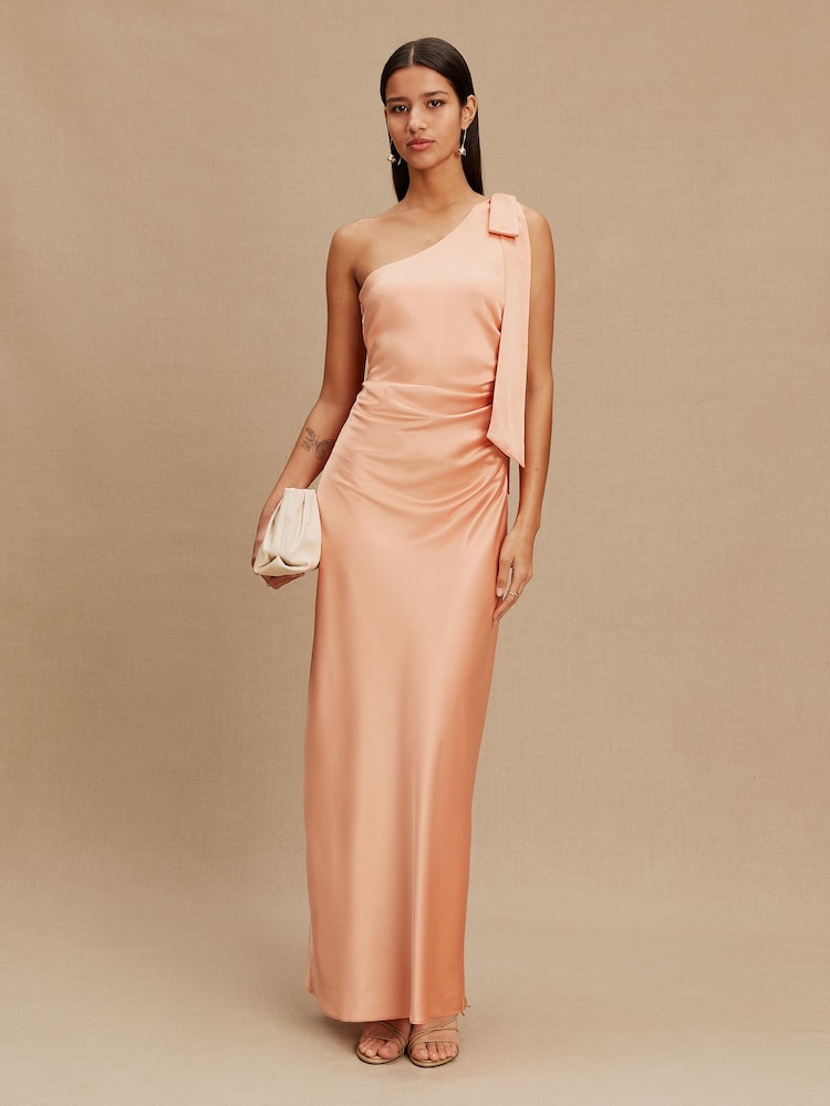 Apricot Bow One Shoulder Maxi Bridesmaid Dress - Image 1 of 6
