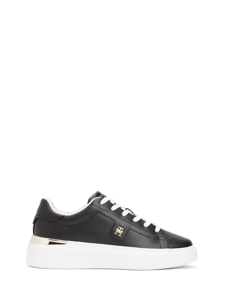 Tommy Hilfiger Black Leather Monogram Court Trainers - Image 1 of 4