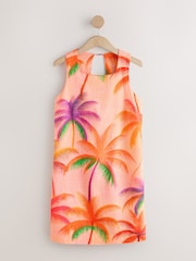 Коралловый с пальмовым принтом - Платье мини с квадратным вырезом из ткани с высоким содержанием льна - Изображение 6 8