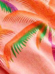 Коралловый с пальмовым принтом - Платье мини с квадратным вырезом из ткани с высоким содержанием льна - Изображение 7 8