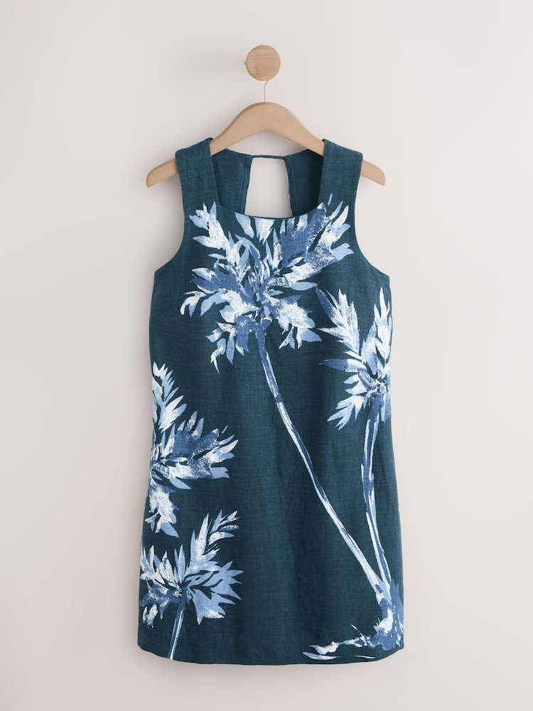 Womens Next Navy Blue Floral Linen Rich Square Neck Shift Mini Dress US 10