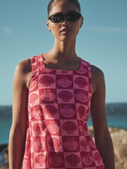 Bright Pink/ Red Shell Print Square Neck Shift Mini Dress with Linen - Image 6 of 10