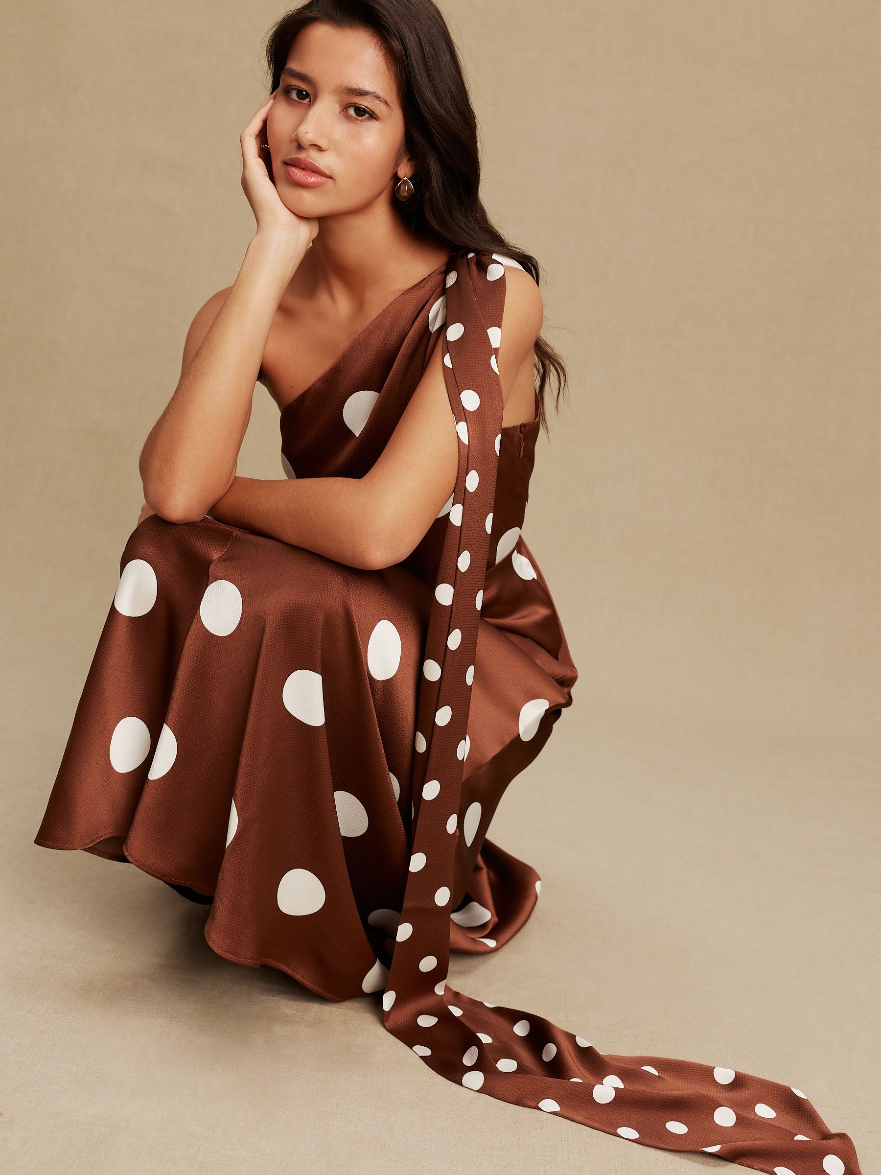 white dress with brown spots Strapless Ruffled Polka-Dot Long Prom Dress with Slit Black/White / 0 main image 1