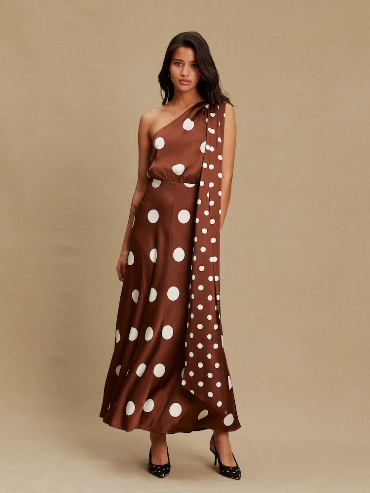 Chocolate Brown Spot Textured Satin Scarf Neck Midi Dress - Image 2 of 8 Chocolate Brown Spot Textured Satin Scarf Neck Midi Dress - Image 2 of 8
