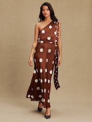 Chocolate Brown Spot Textured Satin Scarf Neck Midi Dress - Image 3 of 8