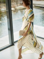 Ecru/Green Stripe Puff Short Sleeve Wrap Occasion Midi Dress - Image 1 of 5