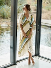 Ecru/Green Stripe Puff Short Sleeve Wrap Occasion Midi Dress - Image 2 of 5