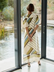 Ecru/Green Stripe Puff Short Sleeve Wrap Occasion Midi Dress - Image 3 of 5