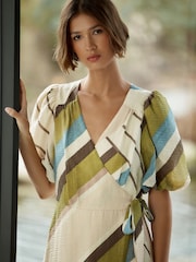 Ecru/Green Stripe Puff Short Sleeve Wrap Occasion Midi Dress - Image 4 of 5