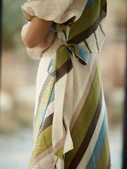 Ecru/Green Stripe Puff Short Sleeve Wrap Occasion Midi Dress - Image 5 of 5