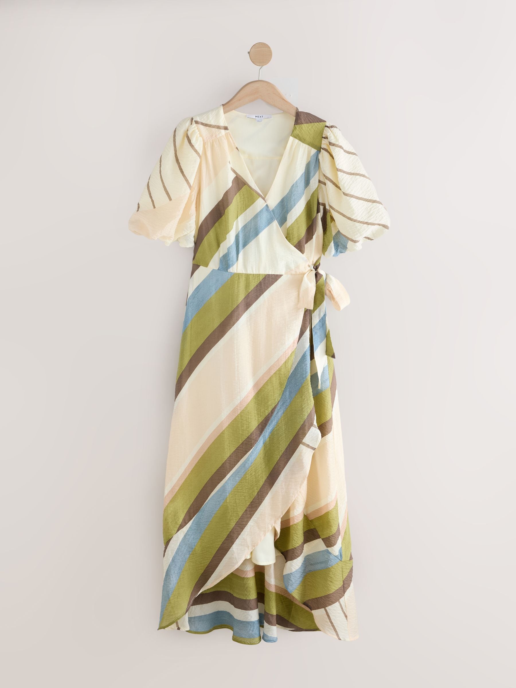 Buy Ecru/Green Stripe Puff Short Sleeve Wrap Occasion Midi Dress from the  Next UK online shop