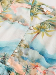 Blue House Print Short Sleeve Button Through Tiered Mini Dress with Linen - Image 3 of 3