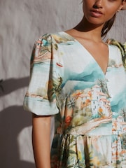 Blått hus Print - Kortermet minikjole med knapper og lin - Bilde 4 av 7