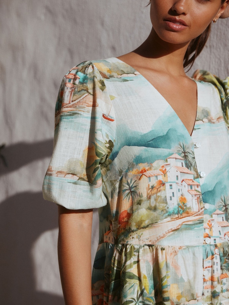 Buy Blue House Print Short Sleeve Button Through Tiered Mini Dress with  Linen from Next USA