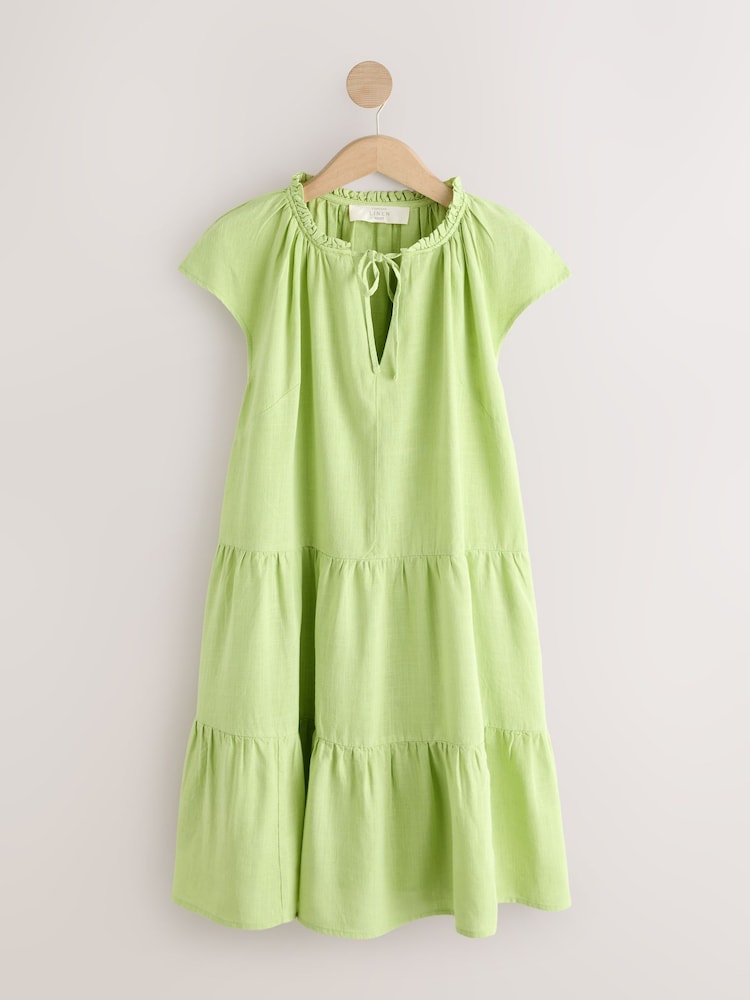 Womens Next Lime Green V-Neck Tiered Mini Dress with Linen US 16