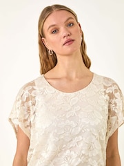Roman White Floral Print Lace Overlay Stretch Blouse - Image 1 of 5