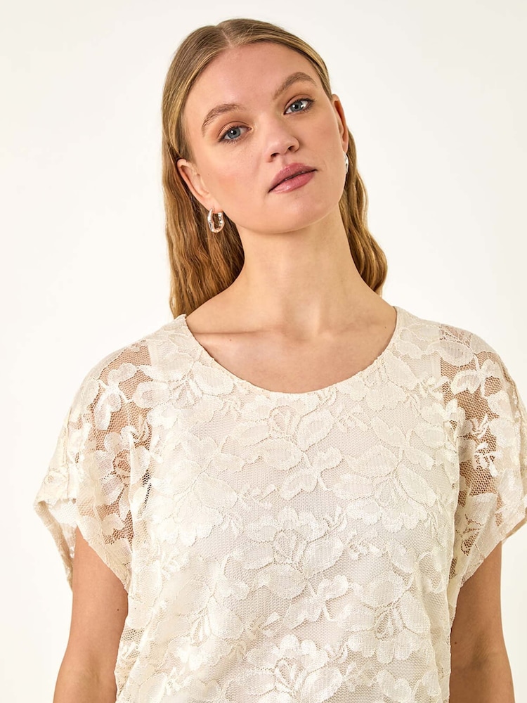 Roman White Floral Print Lace Overlay Stretch Blouse - Image 1 of 5