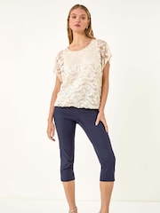 Roman White Floral Print Lace Overlay Stretch Blouse - Image 2 of 5
