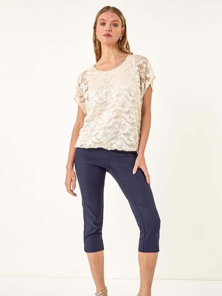 Roman White Floral Print Lace Overlay Stretch Blouse - Image 2 of 5