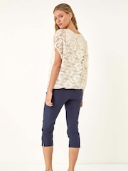 Roman White Floral Print Lace Overlay Stretch Blouse - Image 3 of 5