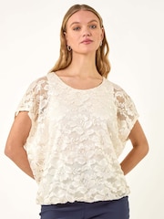 Roman White Floral Print Lace Overlay Stretch Blouse - Image 4 of 5