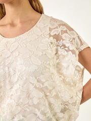 Roman White Floral Print Lace Overlay Stretch Blouse - Image 5 of 5