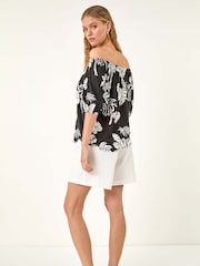 Roman Black Leaf Print Bardot Tie Front Stretch Blouse - Image 3 of 5