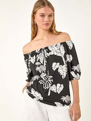 Roman Black Leaf Print Bardot Tie Front Stretch Blouse - Image 4 of 5
